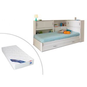 Łóżko BASILE cm z półkami i 2 szufladami modułowe 90 ×190 cm lub 90 × 200 cm - Biały + materac ZEUS 90 × 190 cm