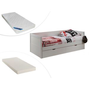 Kanapa z wysuwanym łóżkiem ALFIERO z szufladami - 90 × 190 cm - Lakierowane na biały matowy + materac do dostawki + materac ZEUS 90 × 190