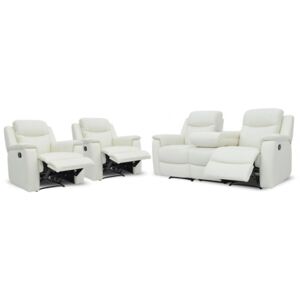 Skórzana sofa 3-osobowa i 2 fotele EVASION z funkcją relaks - Biały kość słoniowa