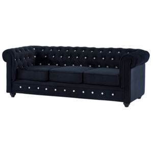 3-osobowa sofa CHESTERFIELD z weluru w kolorze czarnym z kryształowymi guzikami