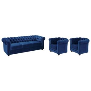 Sofa 3-osobowa i 2 fotele CHESTERFIELD - Welur w odcieniu niebieskim królewskim