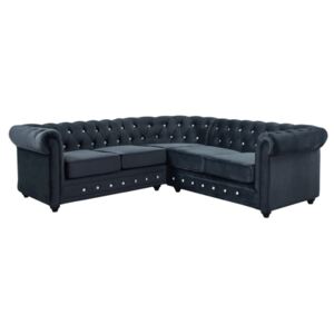Narożna sofa CHESTERFIELD z weluru – Kolor czarny z kryształowymi guzikami!