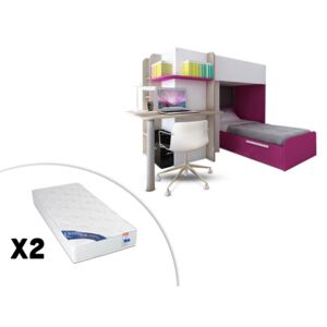 Łóżko piętrowe SAMUEL – 2 × 90 × 190 cm – wbudowane biurko – kolor sosna biała i różowy – 2 materace ZEUS 90 × 190 cm