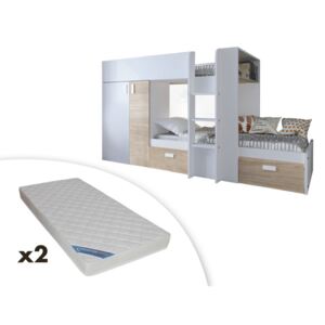 Łóżko piętrowe JULIEN – 2 × 90 × 190 cm – szafa – kolor biały i dąb + 2 materace ZEUS 90x190