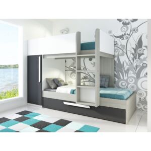 Łóżko piętrowe ANTONIO z wysuwaną szufladą – 3 × 90 × 190 cm – szafa – kolor drewna sosnowego, antracytowy i biały