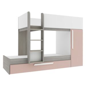 Łóżko piętrowe ANTONIO z wysuwaną szufladą — 3 × 90 × 190 cm — wbudowana szafa — drewno sosnowe w kolorach pudrowy róż i biały