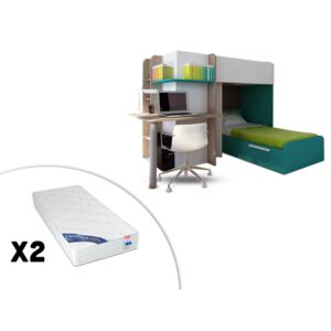 Łóżko piętrowe SAMUEL – 2 × 90 × 190 cm – wbudowane biurko – kolor sosna biała i turkusowy – 2 materace ZEUS 90 × 190 cm