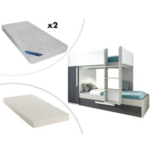 Łóżko piętrowe ANTONIO z wysuwaną szufladą – 3 × 90 × 190 cm – szafa – kolor drewna sosnowego, antracytowy i biały, z wysuwanym materacem i 2 materacami ZEUS 90 × 190 cm