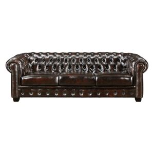 4-osobowa sofa BRENTON w stylu chesterfield ze 100% bawolej skóry – kolor czekoladowy z kasztanowymi refleksami