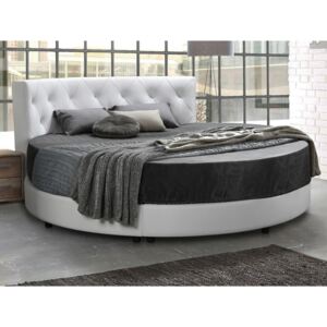 Okrągłe łóżko CLAUDIAN z tapicerowanym zagłówkiem – 220 × 220 cm – skóra ekologiczna w kolorze białym