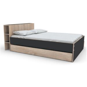 Łóżko EUGENE z zagłówkiem, miejscem do przechowywania i szufladami – 140 × 190 cm – kolor dębowy i czarny