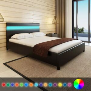 Rama łóżka LED, czarna, sztuczna skóra, 140 x 200 cm