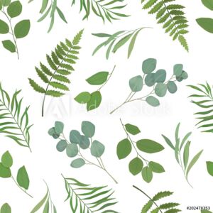 Fototapeta Zieleń wzór z gałęzi eukaliptusa, paproć, zielone liście, zioło na ślub karty