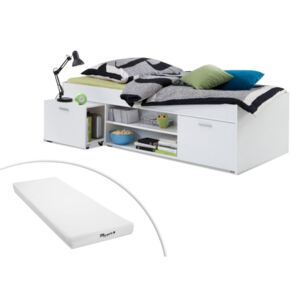 Łóżko ALORA z miejscem do przechowywania – 90 × 200 cm – kolor biały + materac STELO KIDS 90 × 200 cm
