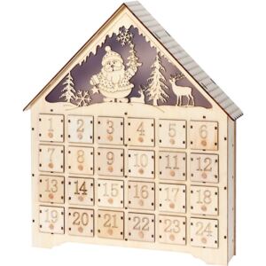 Kalendarz adwentowy LED ze Św. Mikołajem, podświetlany domek drewniany, 43 x 38 cm