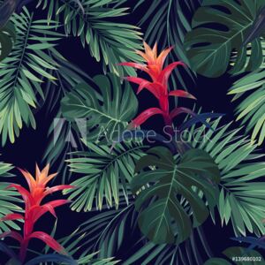 Fototapeta czerwone kwiaty guzmania z liśćmi palm królewskich