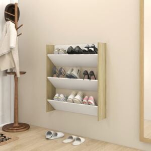 Półka ścienna na buty, biel i dąb sonoma, 80x18x90 cm, płyta