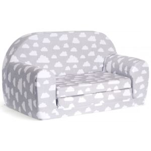 Mini sofka dziecięca 77x35cm rozkładana kanapa piankowa - Szary w białe chmurki