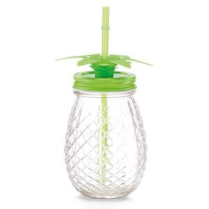 Słoiczek szklany na napoje zielony, pojemnik w kształcie ananasa ze słomką i pokrywką - ZELLER