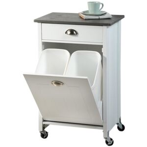 Biały wózek kuchenny wyposażony w kosz do segregacji odpadów, praktyczny i stylowy pomocnik kuchenny