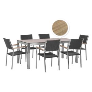 Zestaw ogrodowy stół HPL z dębowym wykończeniem i 6 krzeseł rattanowych czarnych GROSSETO