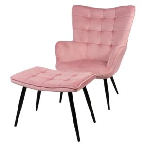 Fotel uszak z podnóżkiem różowy - welur