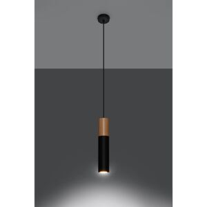 Designerska Lampa wisząca PABLO 1 czarna Zwis na lince tuba Idealna do salonu, sypialni, kuchni nad wyspę Oprawa stal i drewno GU10 Oświetlenie SOLLUX