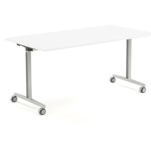 Składany stół na kółkach, 1600x800x735 mm, blat HPL biały, srebrny