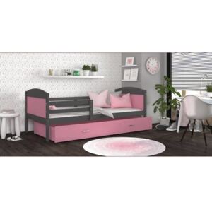 Łóżko podwójne wysuwane z szufladą MATEUSZ 190x80cm, kolor szaro-różowy