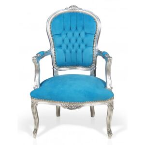 Stylowy, dekoracyjny fotel Luisa, srebrna rama, obicie turkus, welur