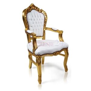Stylowe, dekoracyjne krzesło Kair z podłokietnikami, złota, drewniana rama, obicie biała skóra ekologiczna