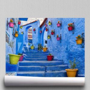 Fototapeta Błękitny schody i ściana dekorująca z kolorowymi flowerpots, Chefchaouen Medina