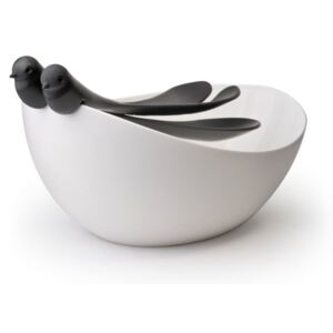Miska z biało-czarnymi sztućcami sałatkowymi w kształcie ptaka Qualy&CO Salad Bowl