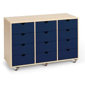 Komoda szkolna, 12 szuflad, 1200x450x800 mm, brzoza, niebieski