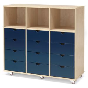 Komoda 4:7, 3 półki, 12 szuflad, 1200x450x1145 mm, brzoza, niebieski