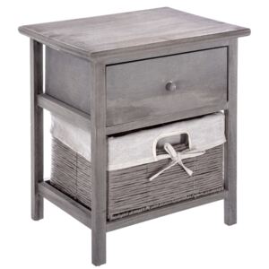 Szara szafka nocna z drewna paulowni, stylowy stolik nocny z praktyczną szufladą i wysuwanym koszem