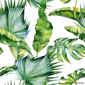 Fototapeta z tropikalnymi liściami zielone malowane