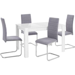 Zestaw: biały stół w połysku i 4 szare krzesła na płozach