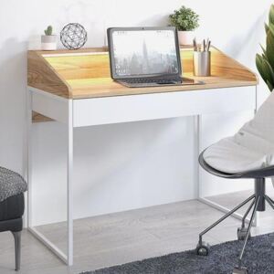 Nowoczesne biurko FINKA z oświetleniem / blat Jesion Górski, szuflada Biel Arktyczna, stelaż biały